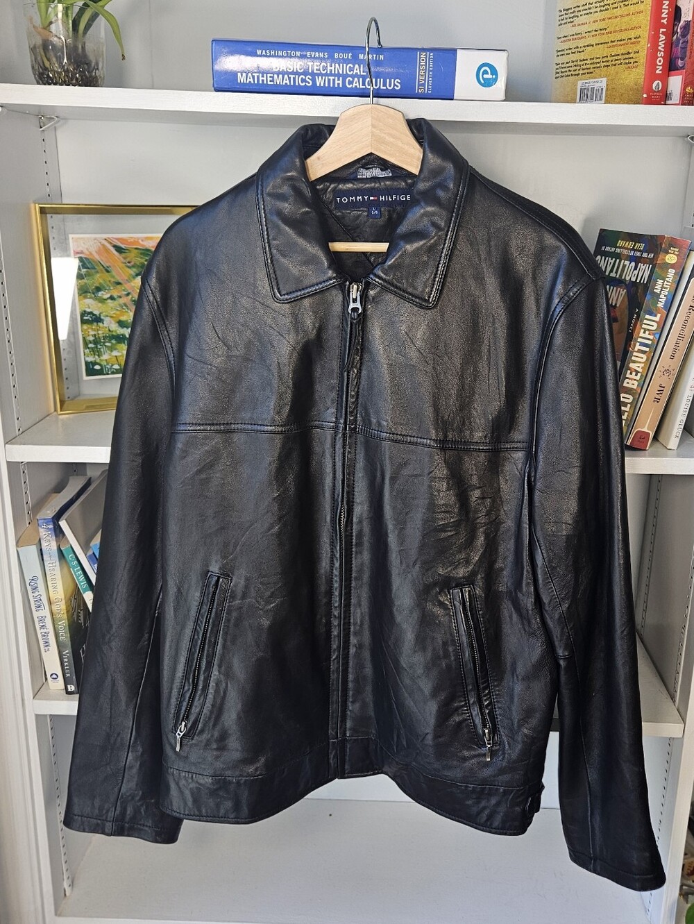 Vintage Tommy Hilfiger Black Leather Bomber Jacket Stize Large Moto Fall